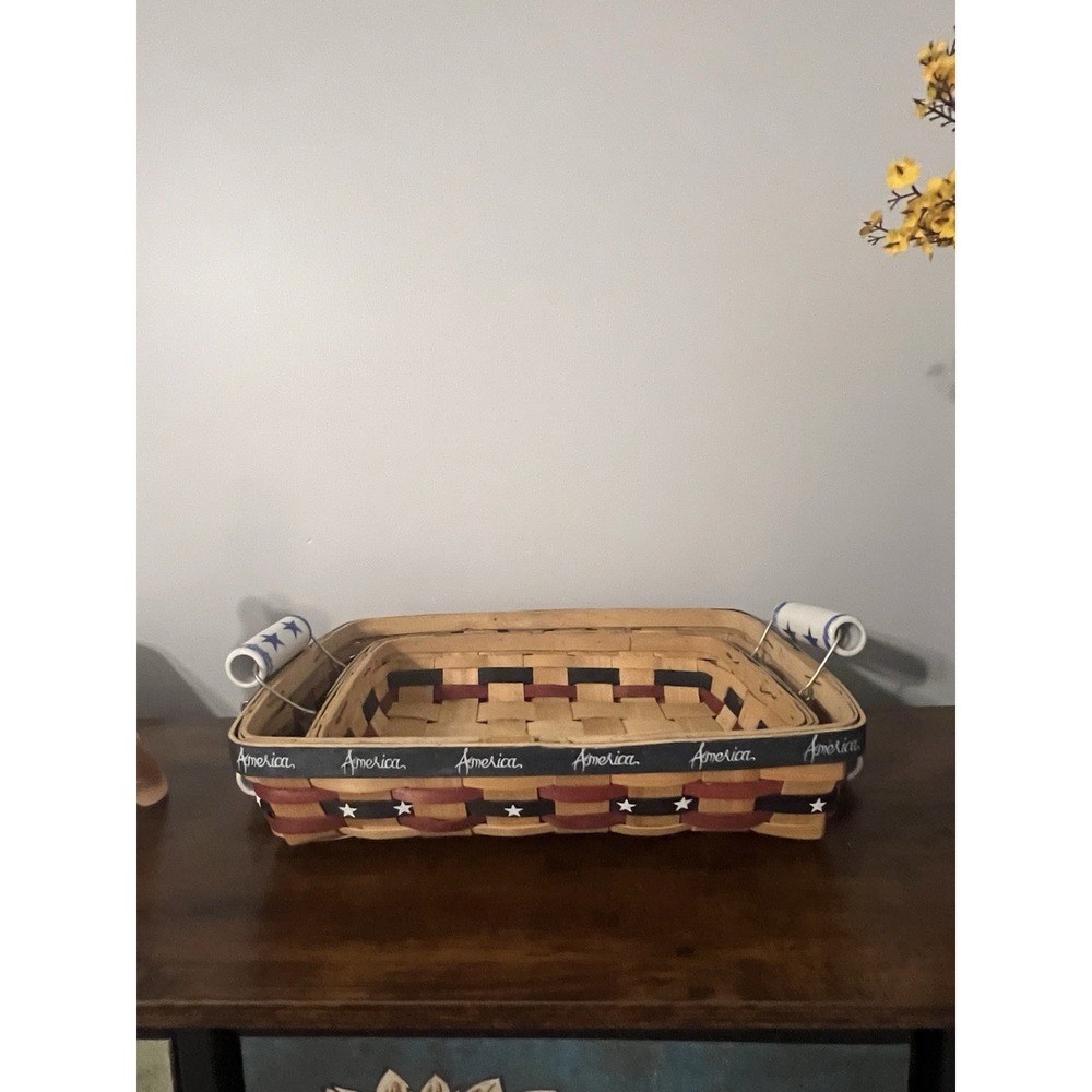 Americana Woven Basket Set Wood Lids Patriotic Stars Handles Farmhouse